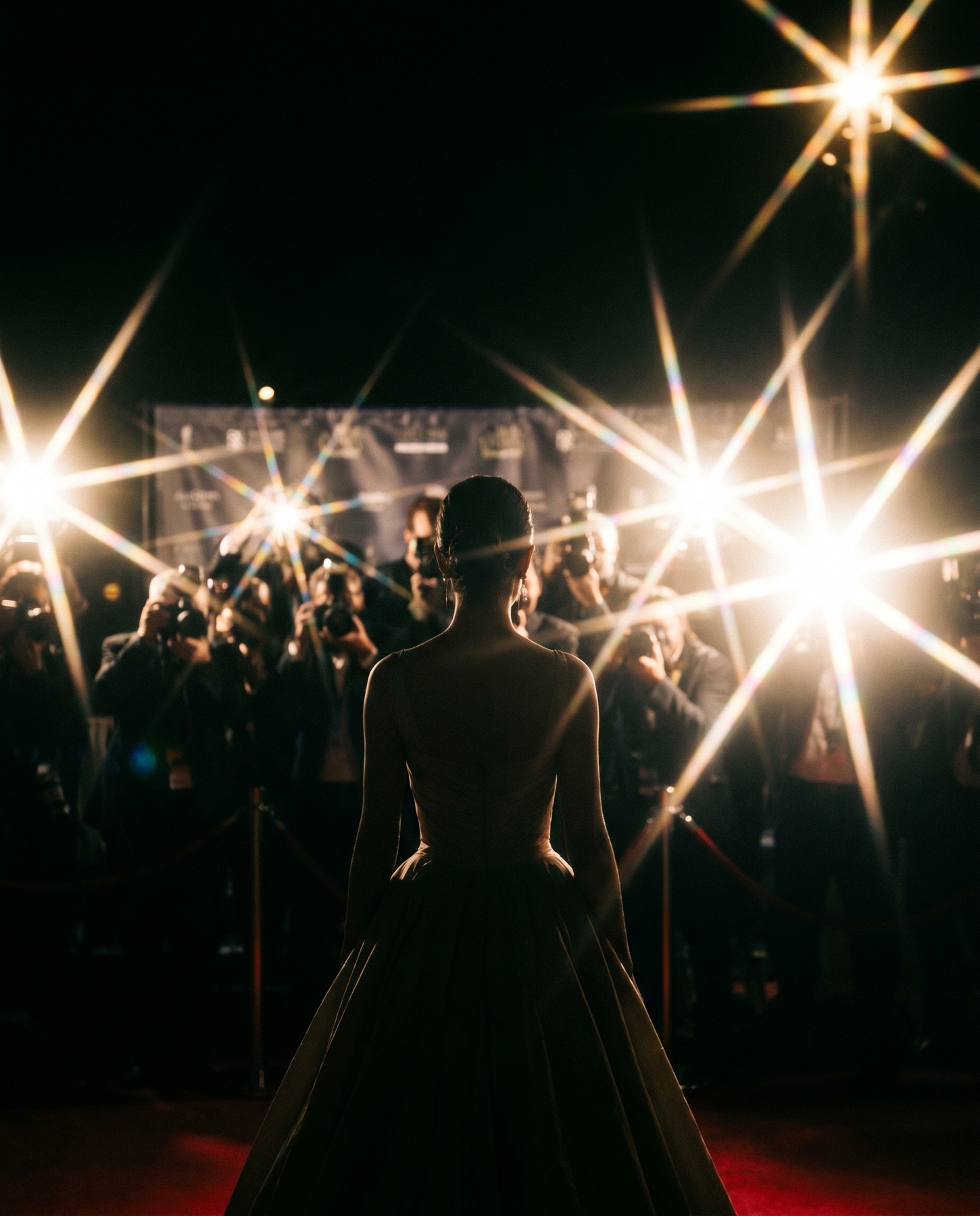 Silhouette in couture facing a wall of camera flashes on a red carpet