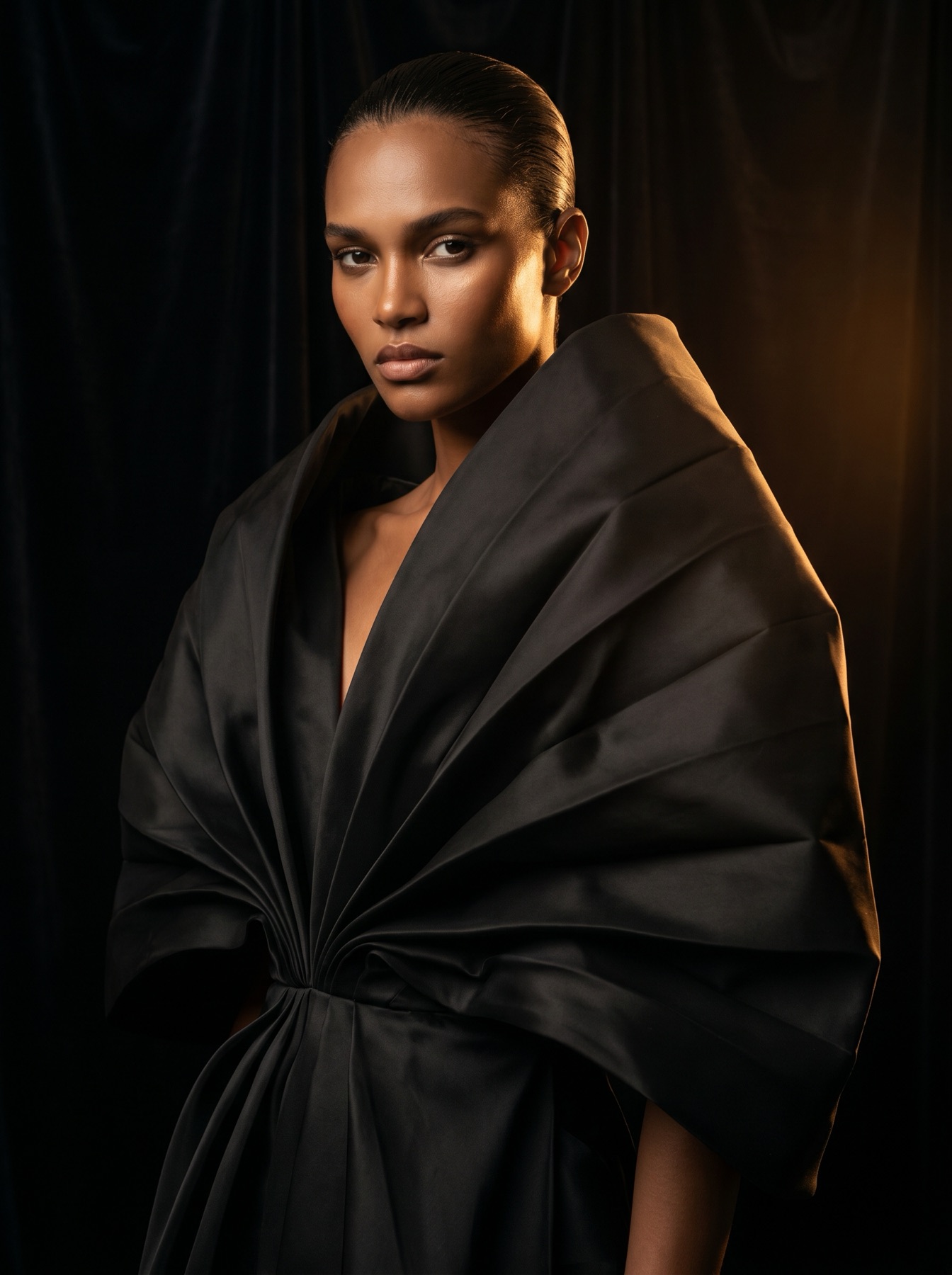 Editorial portrait of a model in sculptural black couture, lit in warm gold