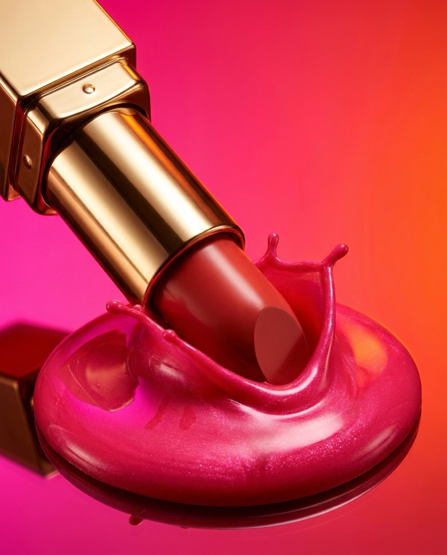 Beauty campaign visual — lipstick in a hot pink splash