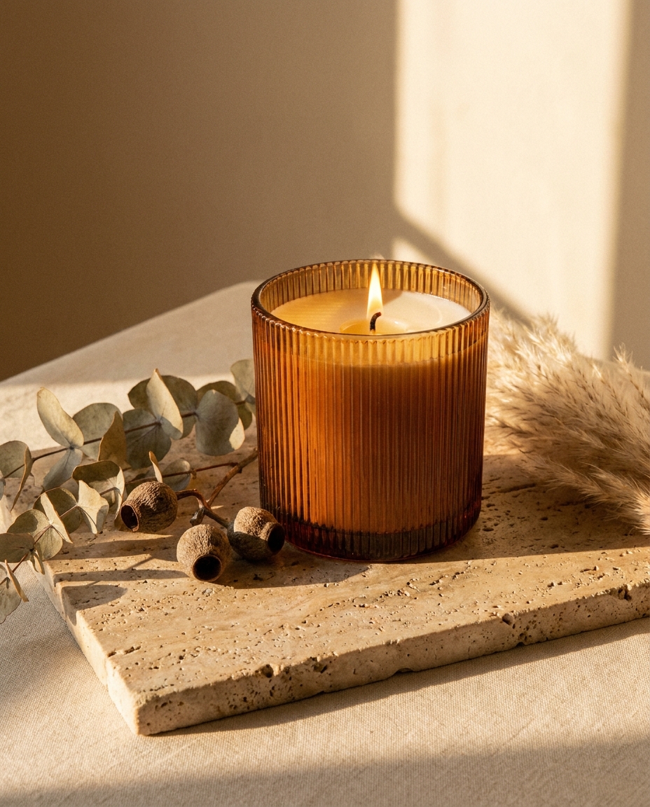 Home fragrance campaign visual — lit candle with botanicals