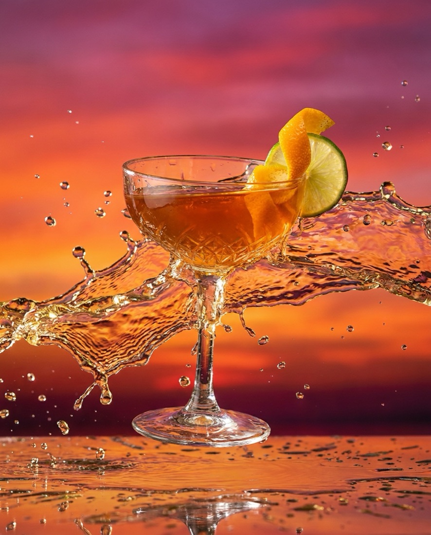 Beverage campaign visual — cocktail splash on a sunset gradient