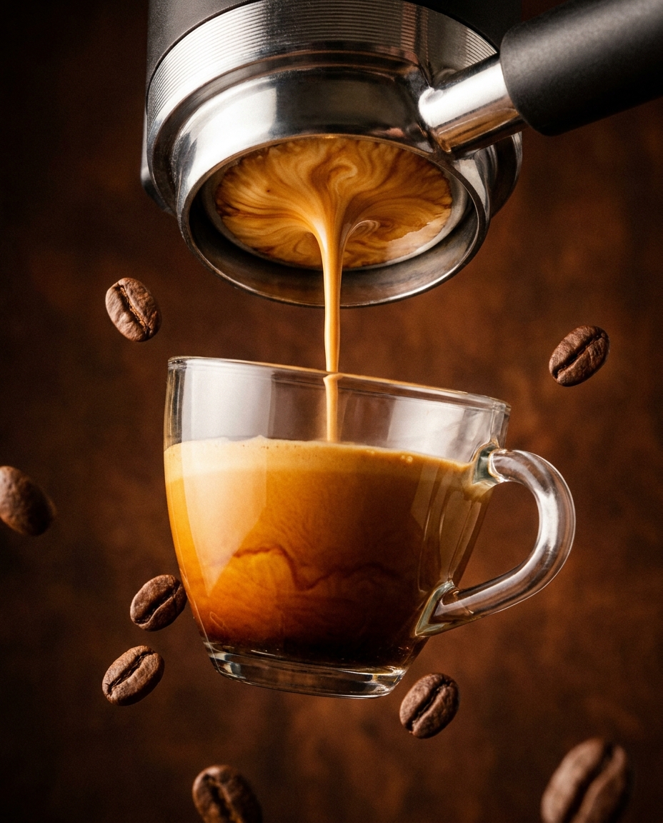 Coffee campaign visual — espresso pour with crema swirl