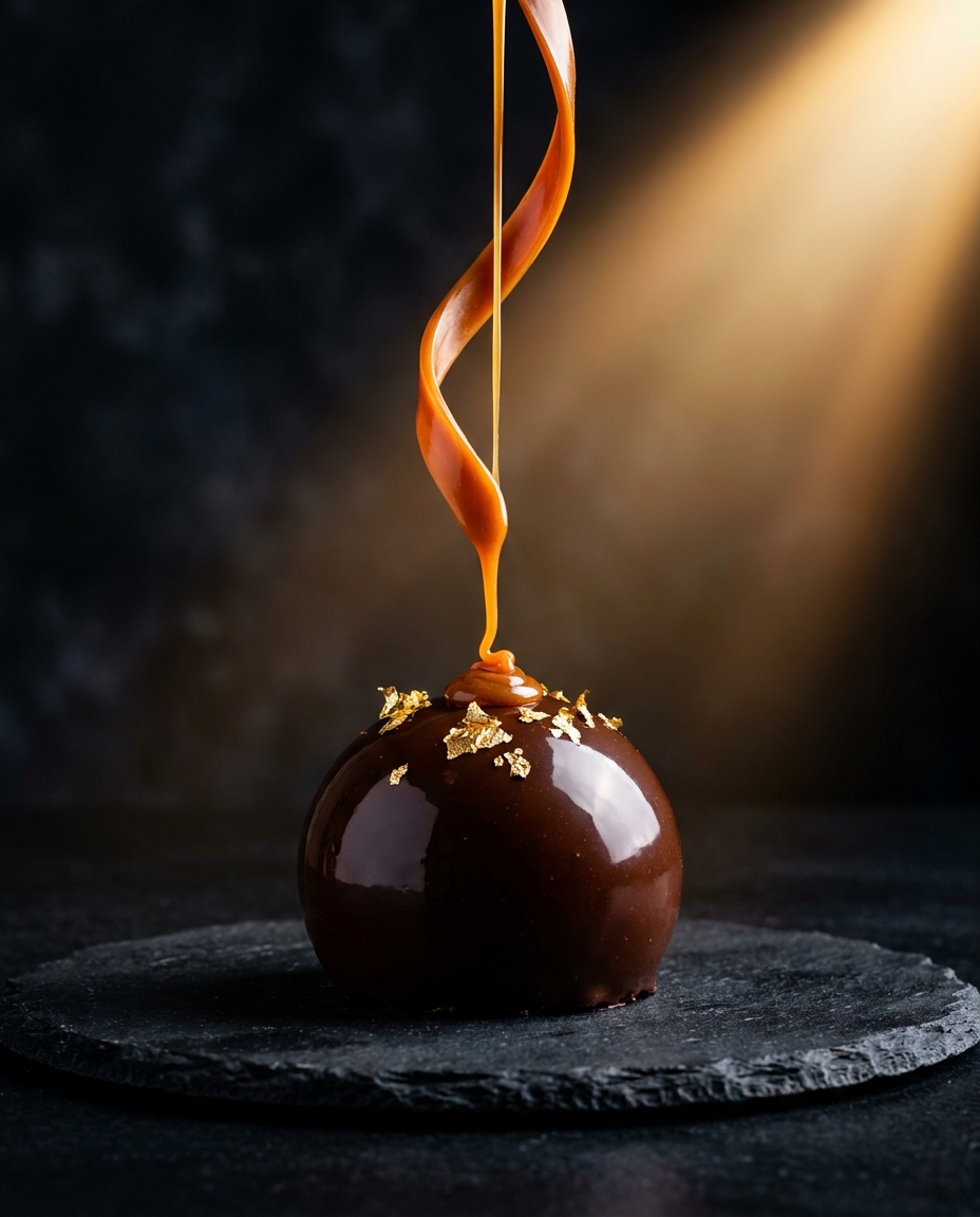 Dessert campaign visual — chocolate entremet with gold leaf
