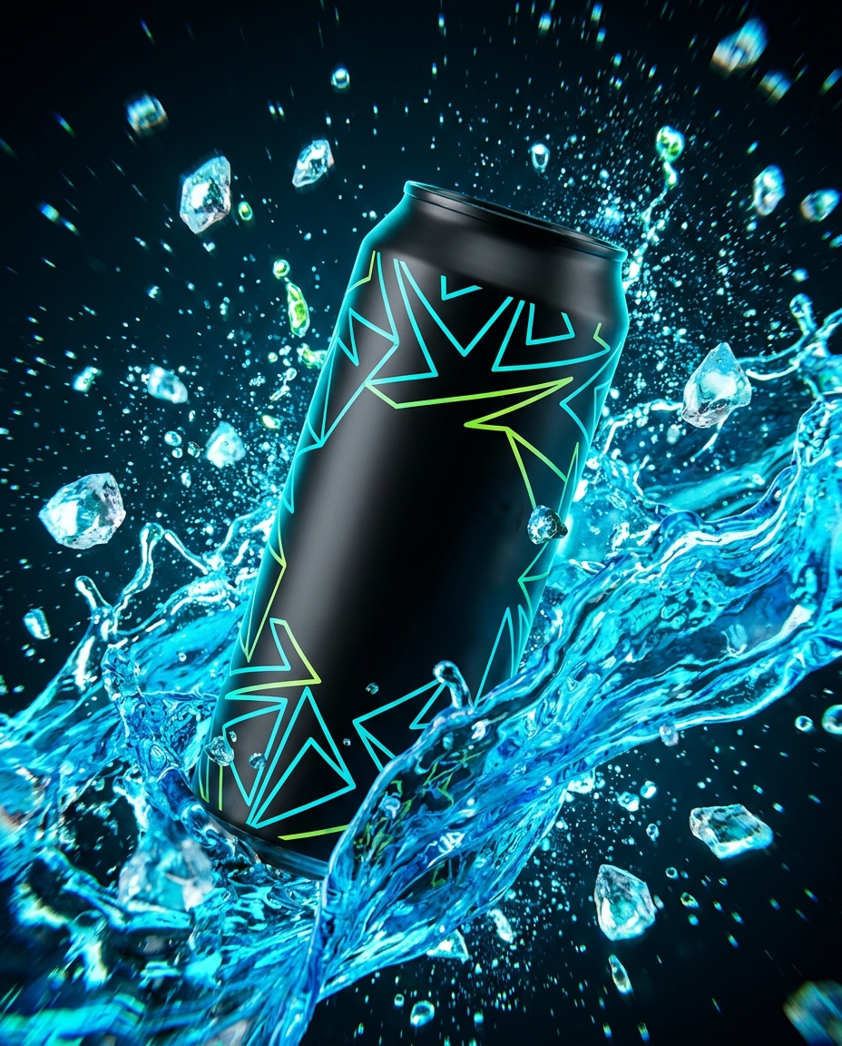 Beverage campaign visual — can bursting through electric blue liquid