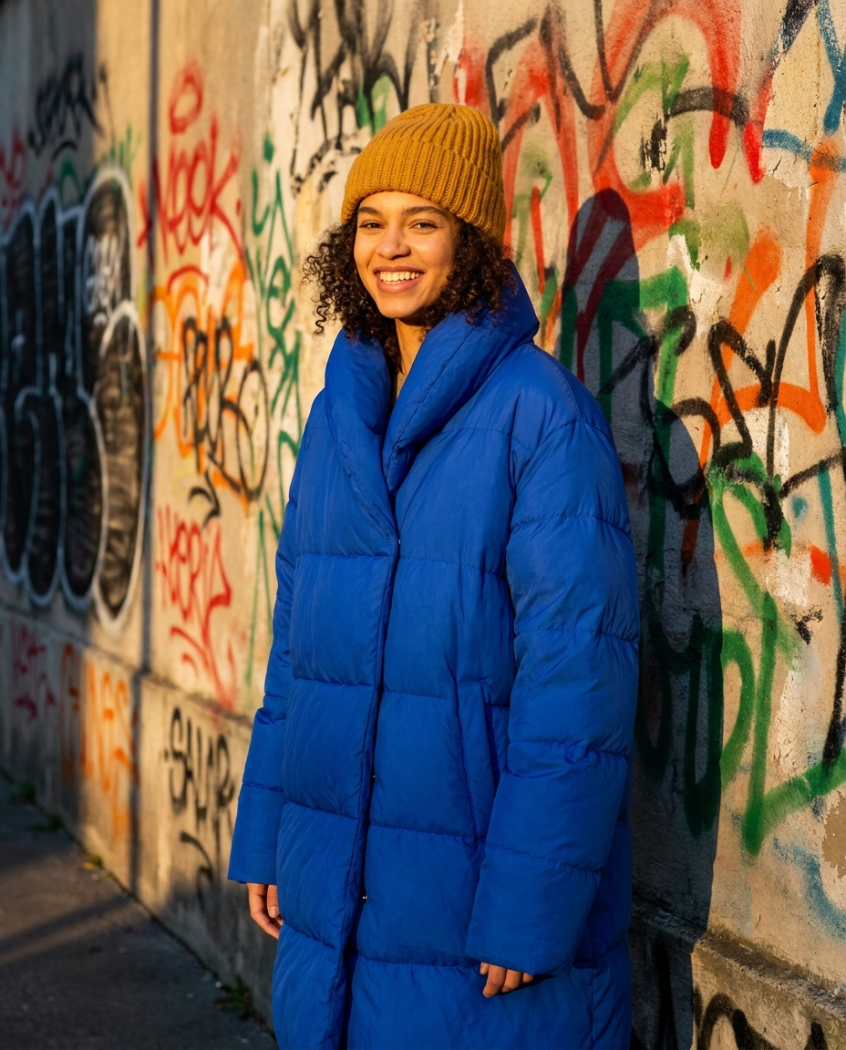 Fashion campaign visual — model in cobalt puffer against graffiti wall