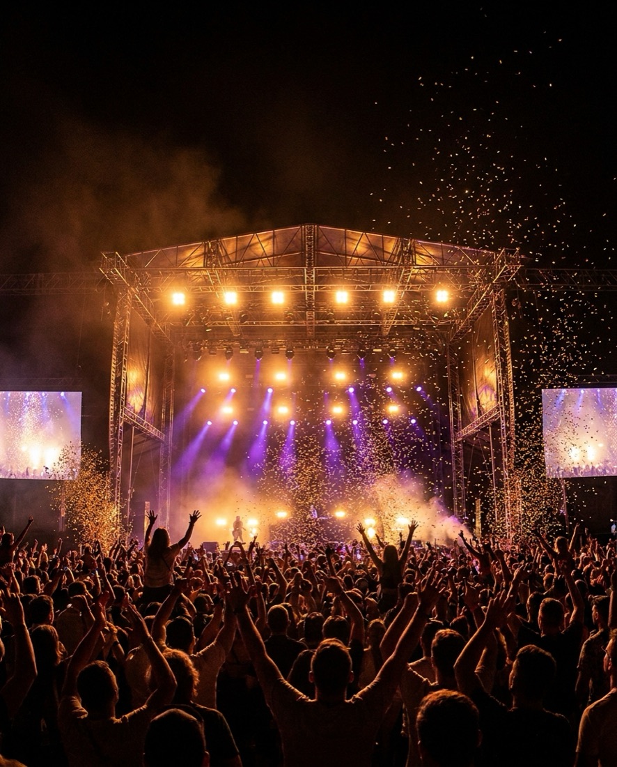 Music campaign visual — festival stage with golden confetti