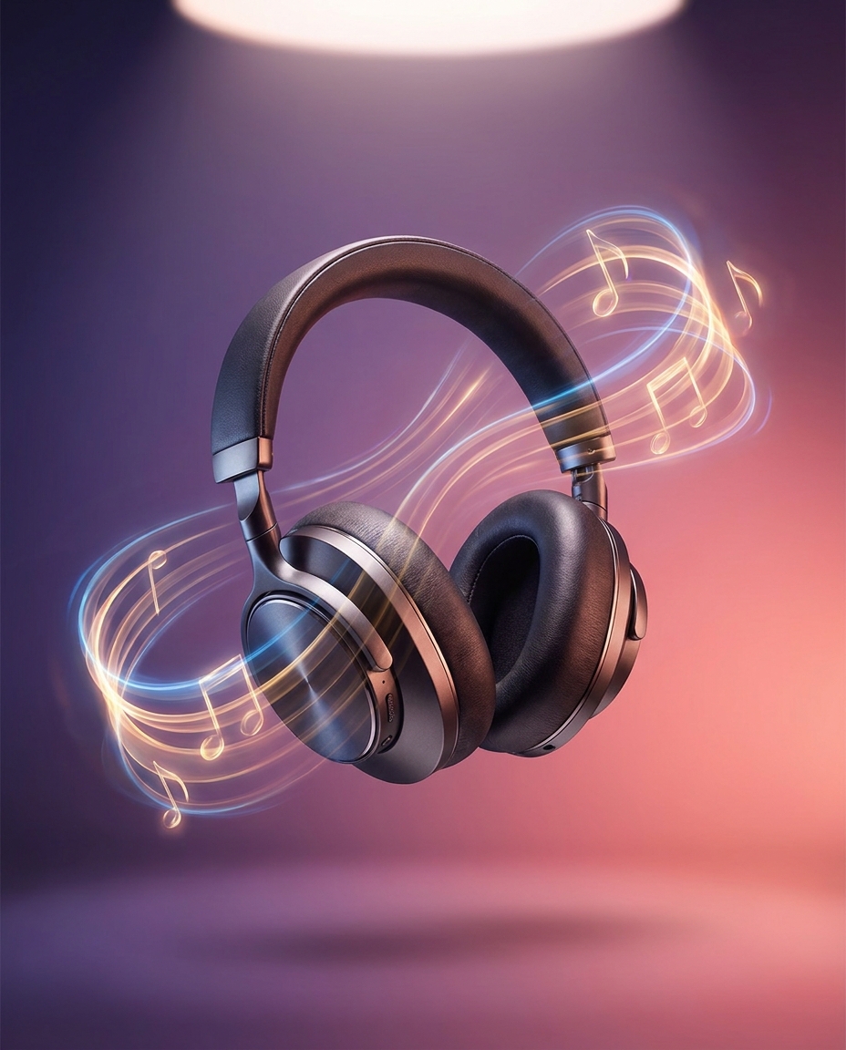 Audio campaign visual — headphones on a purple and coral gradient