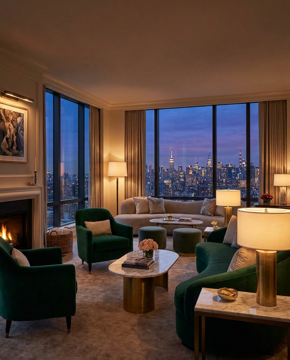 Hospitality campaign visual — designer hotel suite at dusk