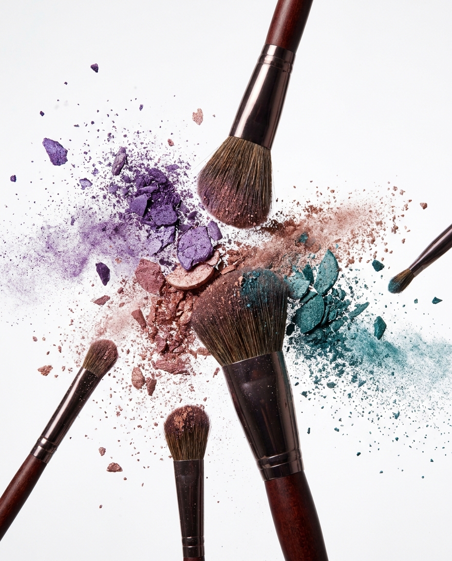 Cosmetics campaign visual — crushed eyeshadow pigment explosion