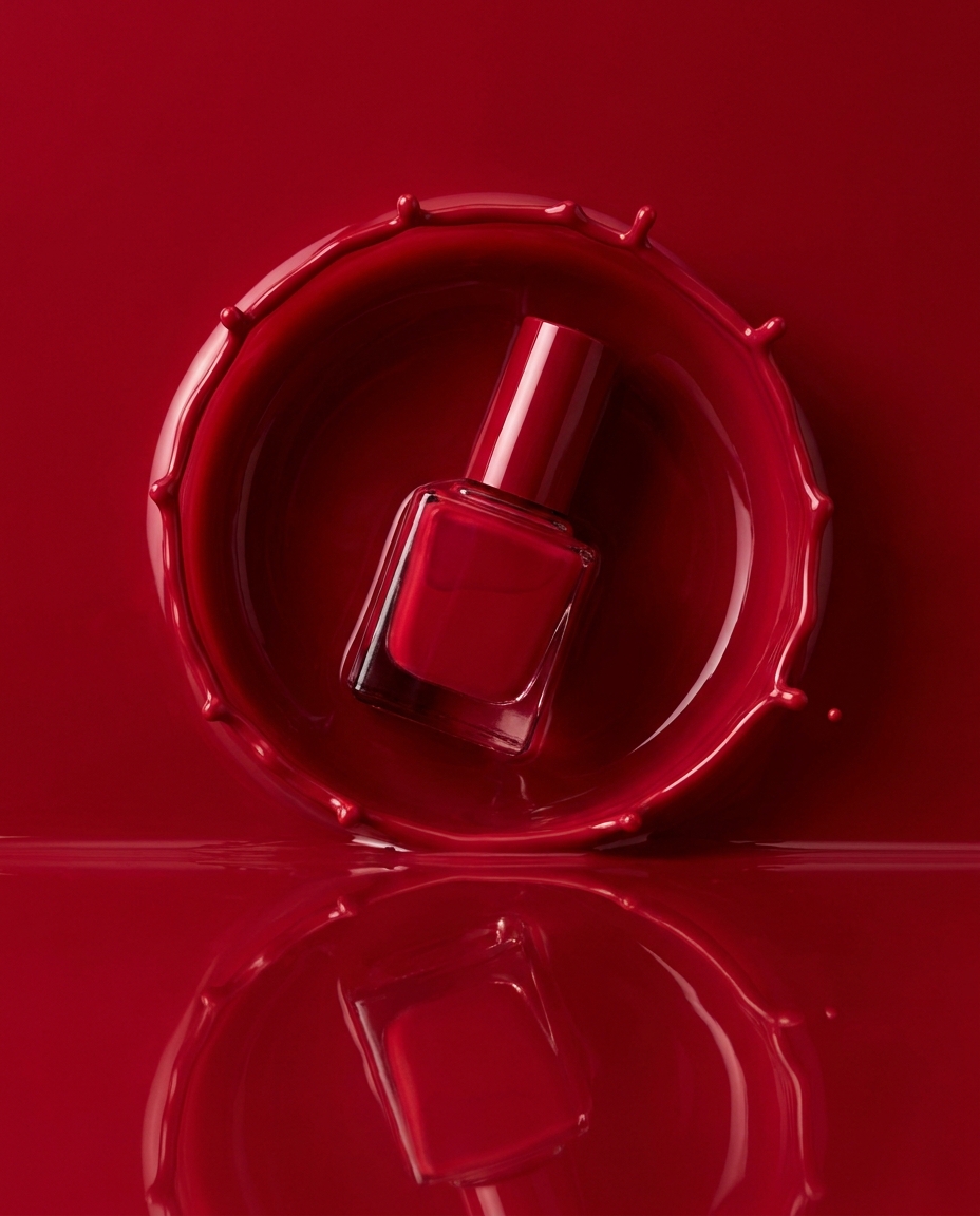 Beauty campaign visual — crimson nail polish in a lacquer splash