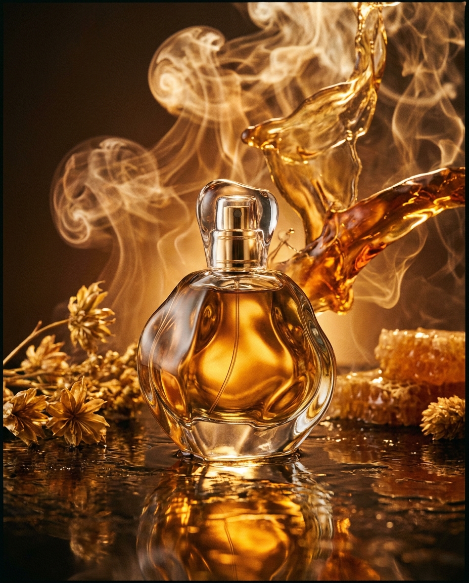 Fragrance campaign visual — sculptural perfume bottle with amber swirls