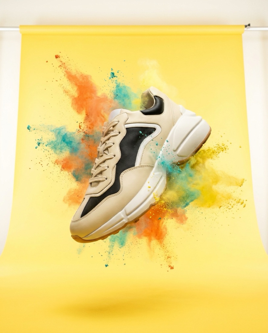 Streetwear campaign visual — sneaker with color powder burst