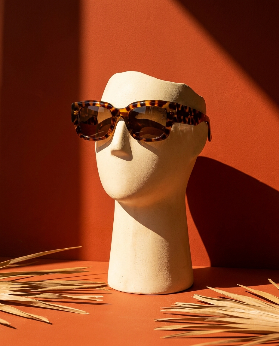 Eyewear campaign visual — sunglasses on a plaster face form on tangerine