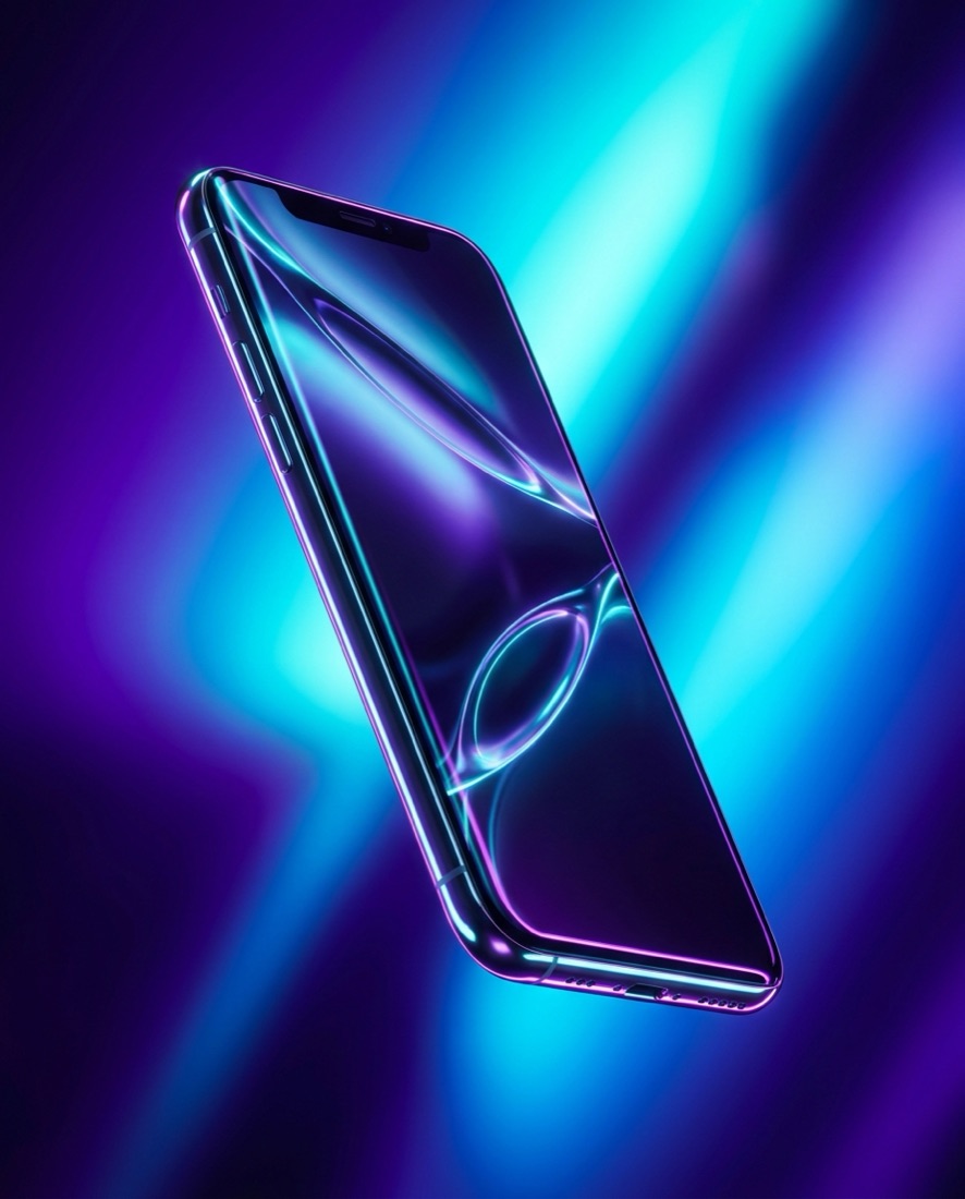 Tech campaign visual — smartphone over a neon gradient