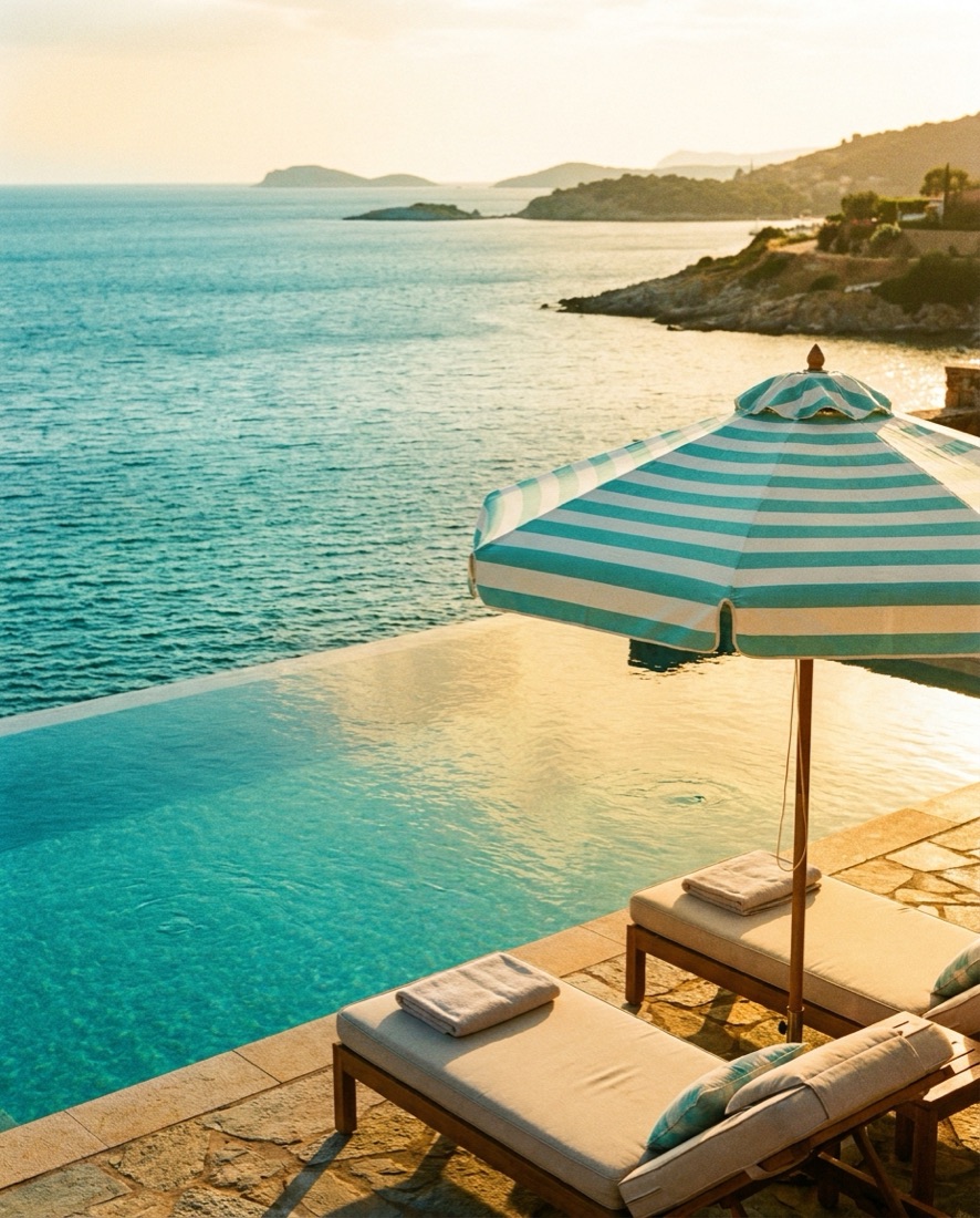 Travel campaign visual — infinity pool at golden hour
