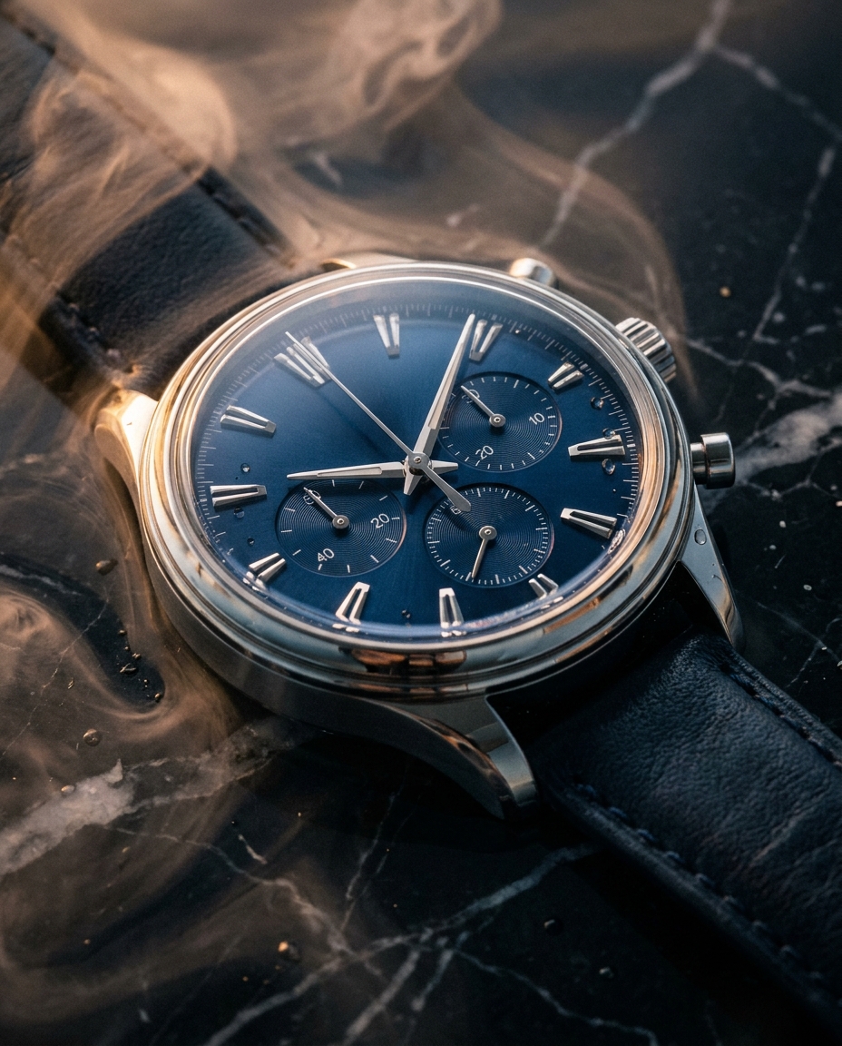 Watch campaign visual — blue-dial chronograph on black marble